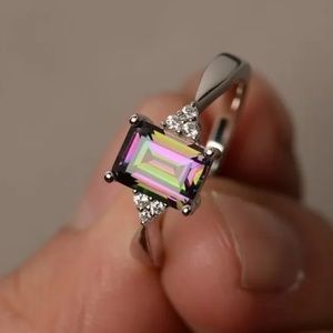 Silver Princess Cut Mystic Rainbow Topaz Diamond Gemstone Ring
